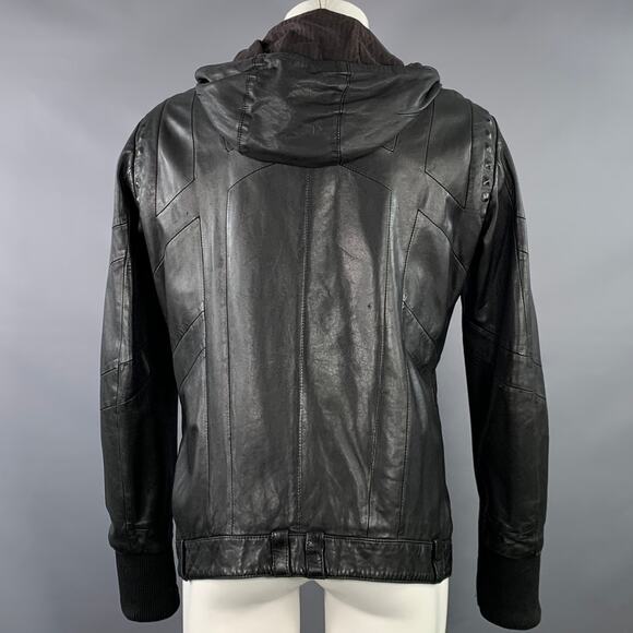 DIESEL BLACK GOLD Vintage Size M Black Leather Zip Up Hooded Jacket - Picture 3 of 16